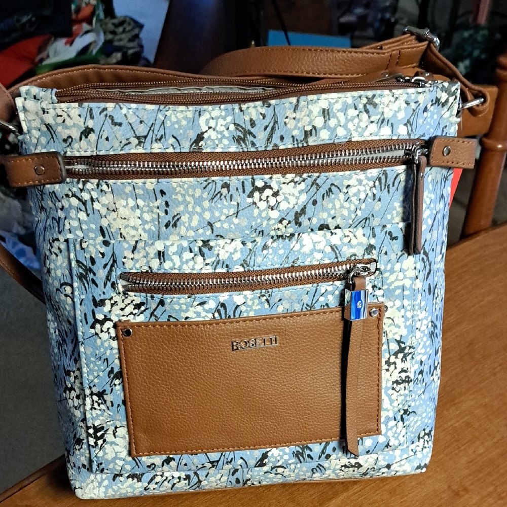 Rosetti Light Blue Floral Crossbody with Tan Trim 3 Compartments